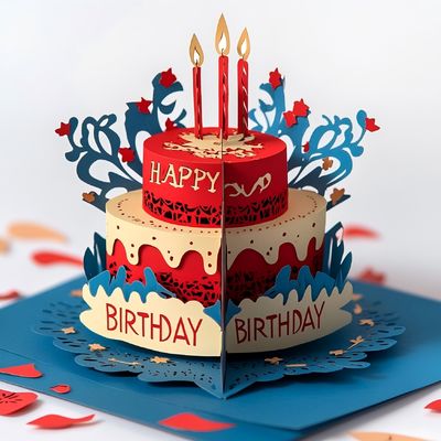 Un buen precio. Pastel de cumpleaños en 3D en forma de exquisitos diseños variados para tarjetas de felicitación creativas modernas y creativas en línea